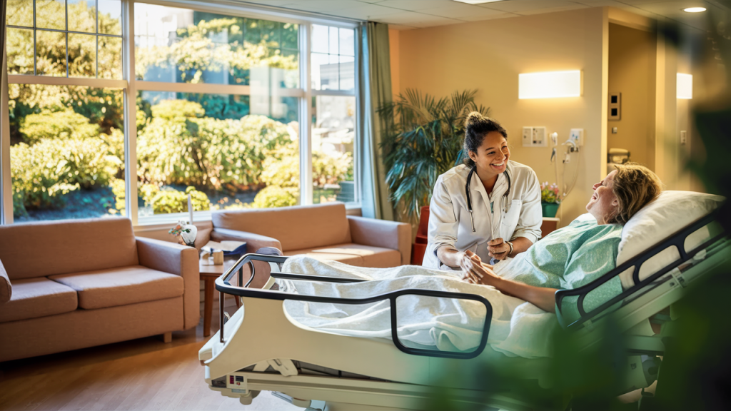 A cozy and inviting hospital room with soft lighting, comfortable furniture, and plants, representing a healing environment for patients.