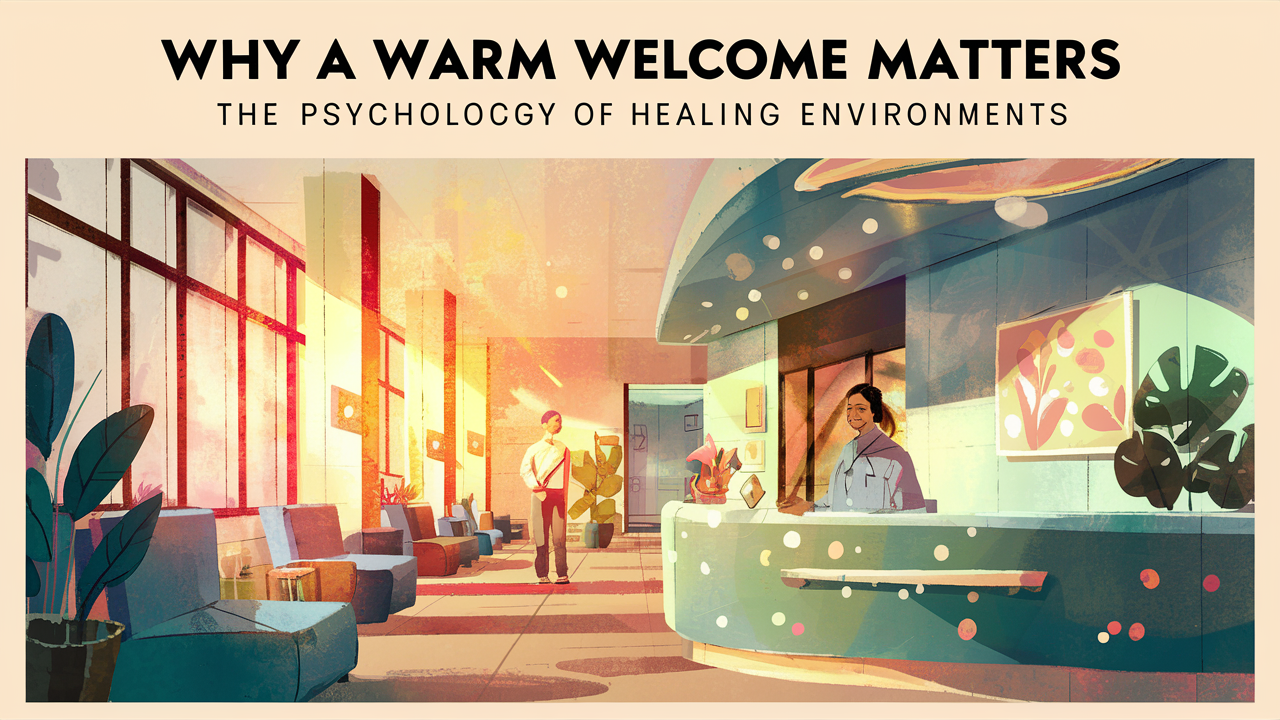 Illustration of a cozy, welcoming reception area in a healthcare facility, showcasing plants, soft lighting, and comfortable seating.