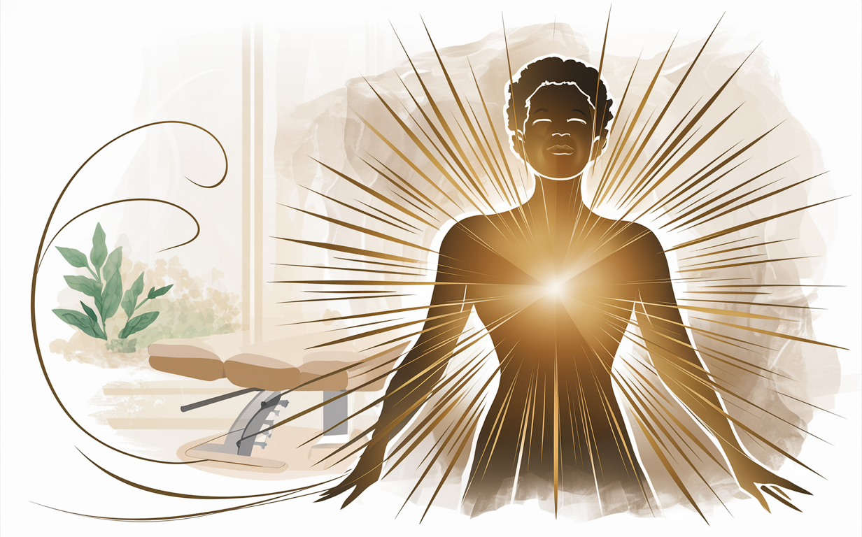 An illustration depicting a person radiating inner light and energy, surrounded by natural elements symbolizing holistic wellness and chiropractic care. achieving optimal wellness through chiropractic