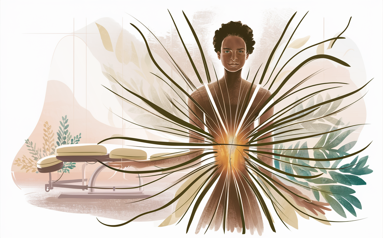 An illustration depicting a woman of color surrounded by lush foliage and books, symbolizing a holistic approach to wellness that harmonizes the human body with nature. achieving optimal wellness through chiropractic