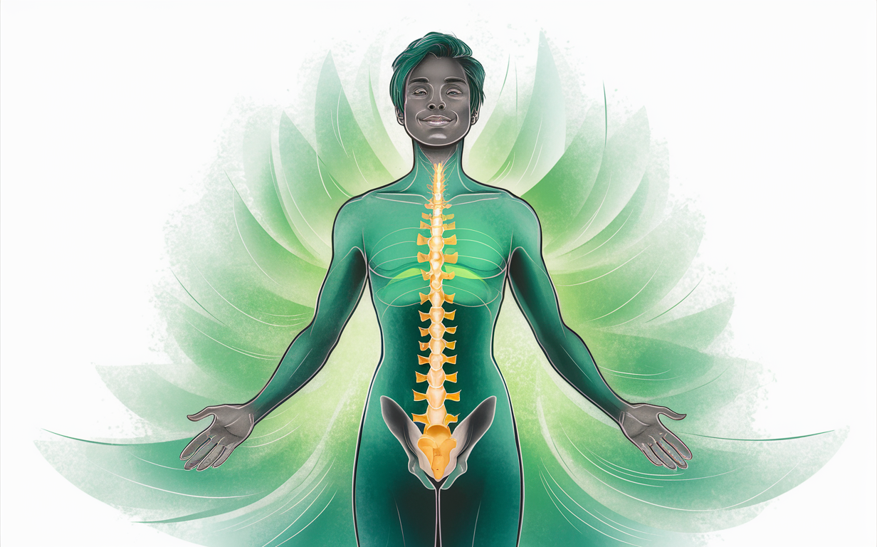 An illustration depicting a person's body in a green hue, with the spine highlighted in orange, radiating energy and surrounded by green leaf-like patterns, symbolizing the harmonious balance between physical and spiritual wellness achieved through chiropractic care. achieving optimal wellness through chiropractic