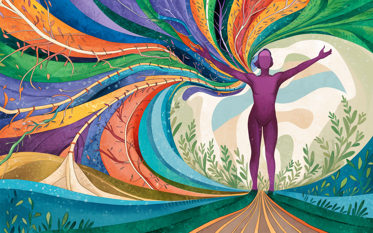An illustration of a fit man standing confidently in a lush green natural environment, symbolizing the harmony between the body and nature achieved through chiropractic wellness.