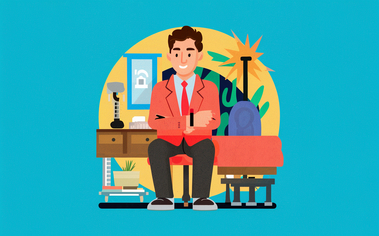 An illustration of a smiling chiropractor wearing blue scrubs and standing with his arms crossed. He is surrounded by icons depicting a spine, hands performing an adjustment, and green leaves representing natural healing.