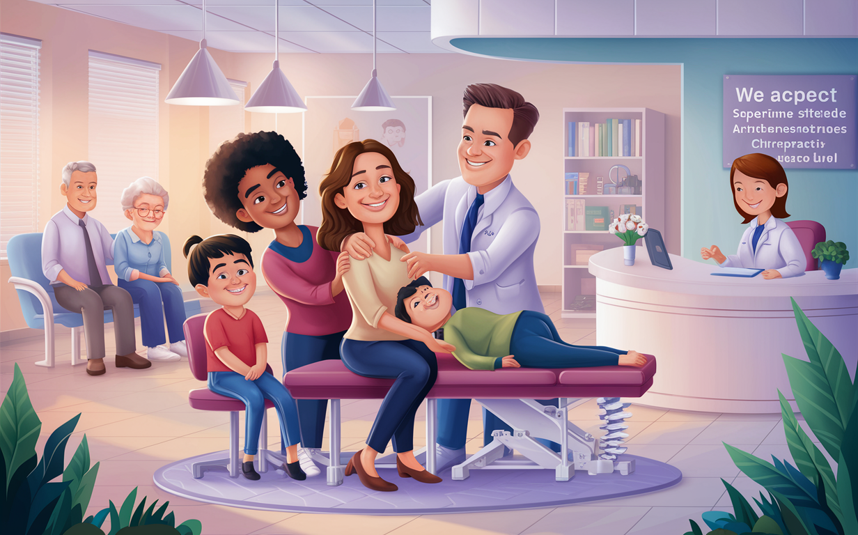 An illustration depicting chiropractic care provided to a family in a community setting, with chiropractors tending to patients of various ages in a caring and nurturing environment.