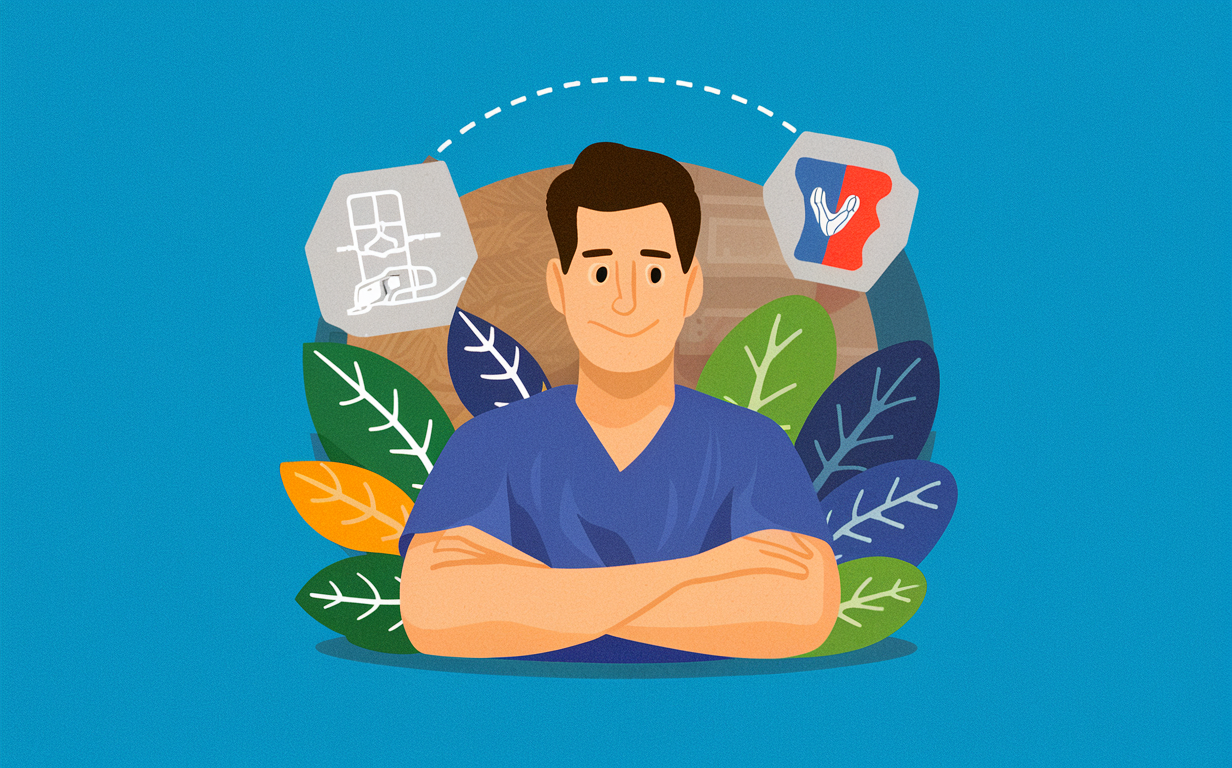 Illustration of a man sitting comfortably at home surrounded by books, artwork, and chiropractic equipment like a massage table, suggesting he may be a chiropractor practicing from his home office
