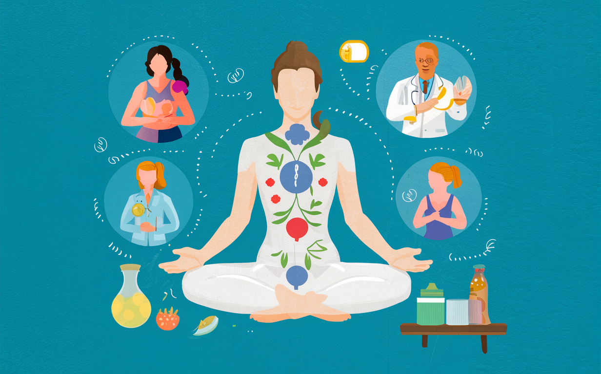 An illustration depicting a woman exercising and surrounded by icons representing various aspects of a healthy lifestyle such as fitness, nutrition, mental health, and time management.