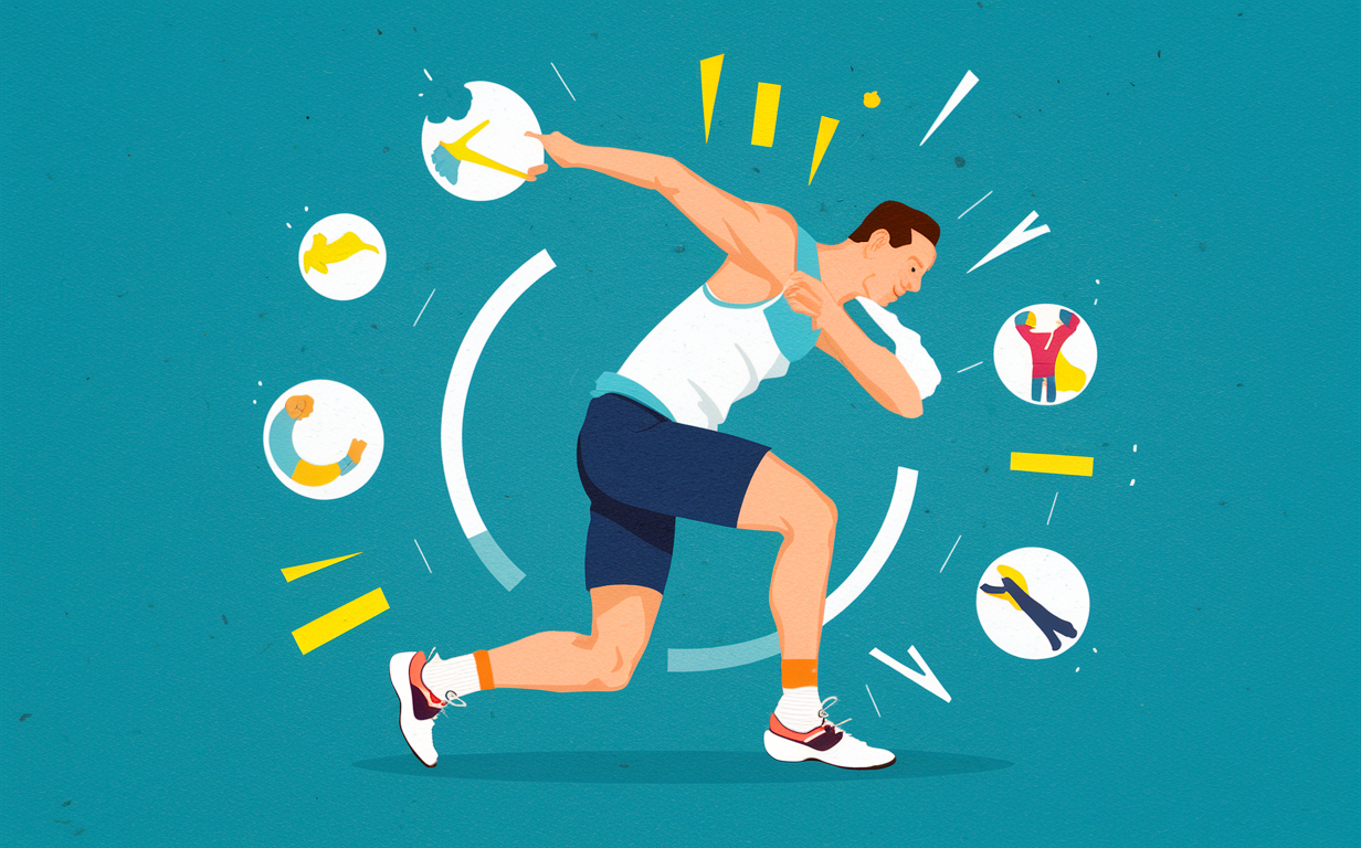 Athlete Running with Determination for Peak Performance An illustration of a male athlete running with intense focus and determination, surrounded by abstract shapes and splashes of color, representing the pursuit of peak athletic performance through chiropractic care.