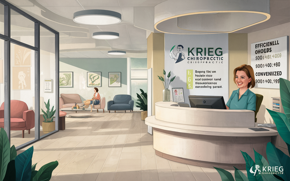 An illustration of a chiropractic clinic reception area, featuring a friendly receptionist greeting a patient in a modern and inviting environment with artwork and plants.