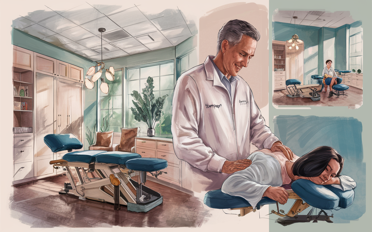 An illustration of a chiropractor examining a patient in a comfortable, well-designed chiropractic clinic with an assistant also present, depicting a patient-centered approach to care.