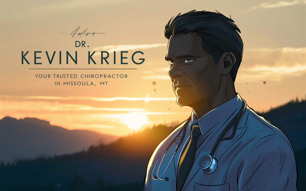 Illustration of Dr. Kevin Krieg, a chiropractor in Missoula, MT, standing against a sunset mountain backdrop