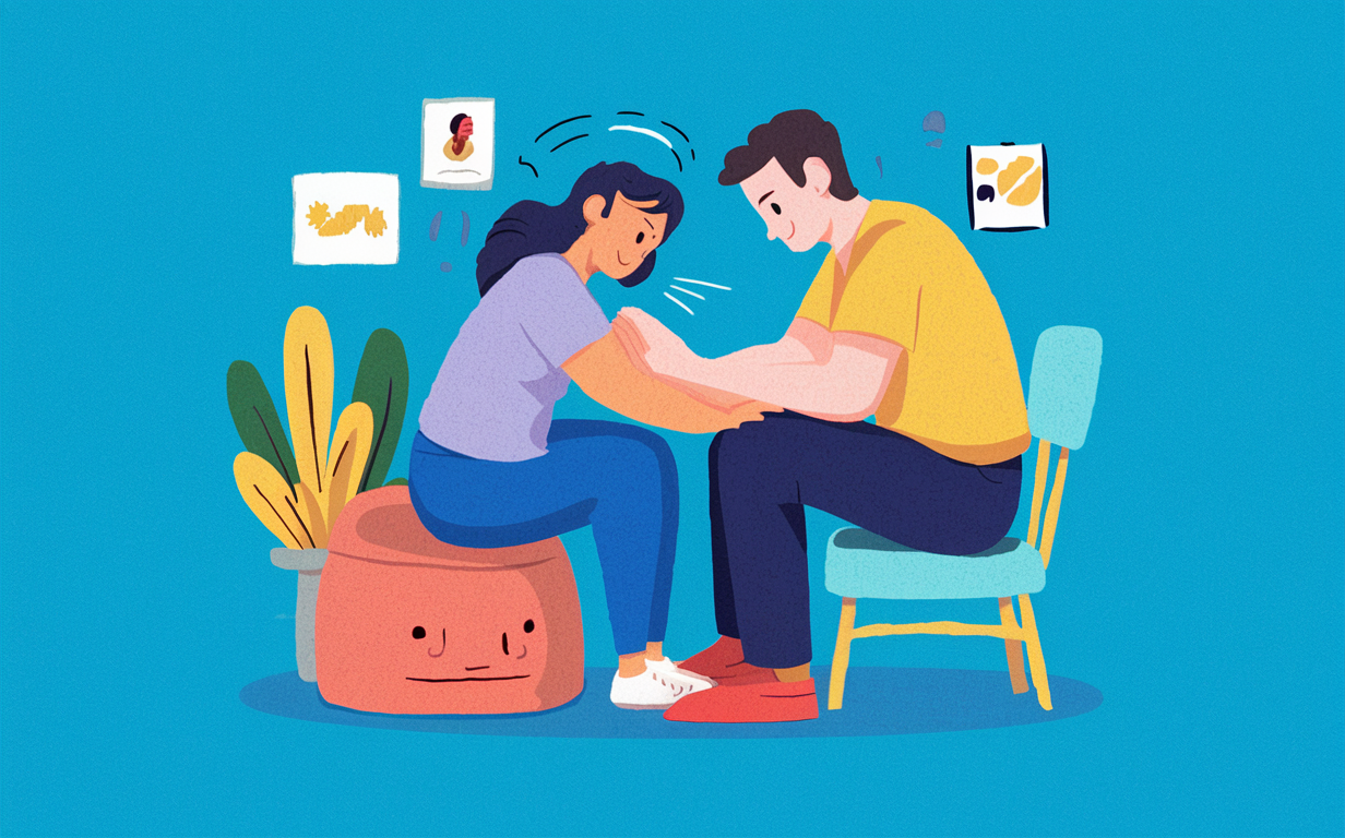 Illustration of a patient consultation at a chiropractic practice empathetic care cornerstone practice philosophy