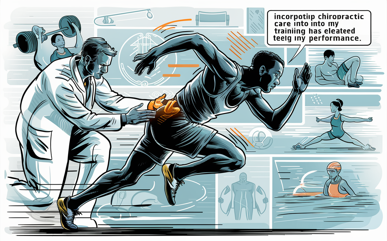 Chiropractic Care for Athletic Performance Enhancement An illustration depicting the benefits of chiropractic care for athletes, including proper joint alignment, improved nerve function, increased range of motion, and cognitive performance enhancement, with a central figure of a runner showing the human musculoskeletal system.
