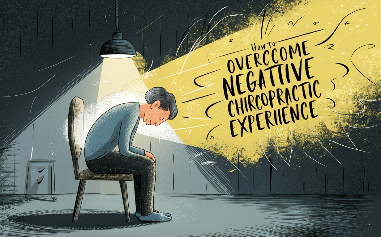 An illustration depicting a person sitting dejected under a light, with text about overcoming a negative chiropractic experience