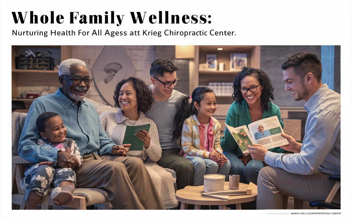 A joyful multi-generational family group sitting together on a couch, reading and discussing health-related books and pamphlets in a cozy living room setting, representing the concept of 'Whole Family Wellness' at Krieg Chiropractic Center.