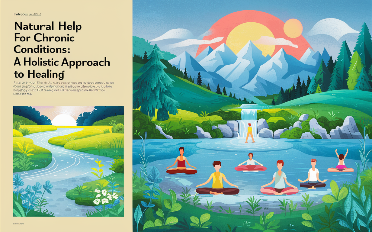 An illustration depicting people practicing meditation and mindfulness in a serene natural setting with mountains, forests, and a tranquil lake, symbolizing a holistic approach to healing chronic conditions through connecting with nature.