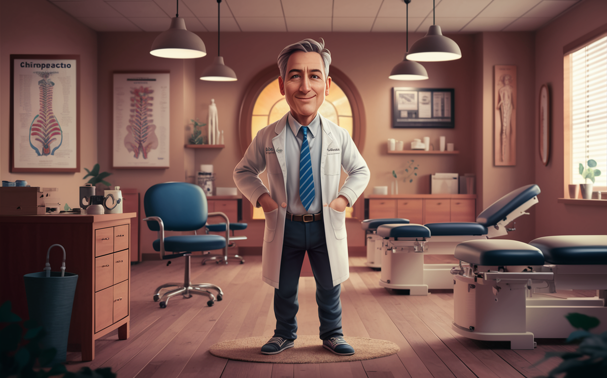 An illustration of a friendly chiropractor standing in his office, surrounded by medical equipment, anatomical posters, and furniture typical of a chiropractic clinic.