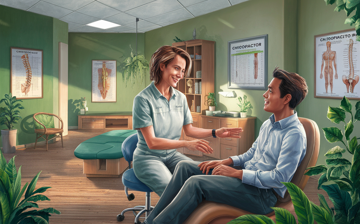 A chiropractor gently tends to a patient on a treatment table, surrounded by plants and anatomical diagrams, embodying a holistic approach to healing.