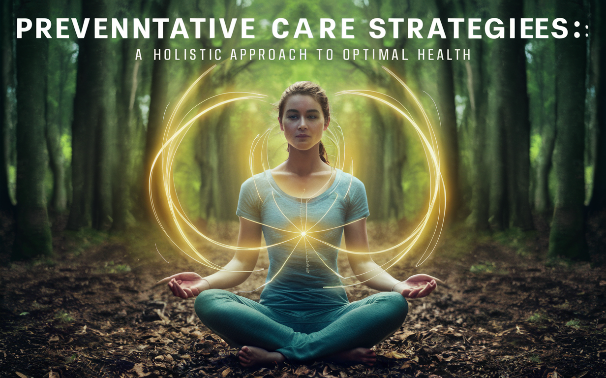 A woman practicing meditation in a peaceful forest setting, surrounded by a glowing aura, representing a holistic approach to preventative care and optimal health