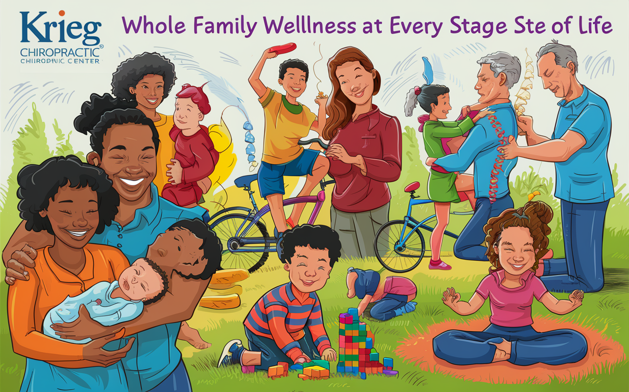 Happy family enjoying nature together A family with two young daughters spending quality time outdoors in a wooded area, with the parents smiling and interacting with their children in a loving and nurturing way, promoting whole family wellness.