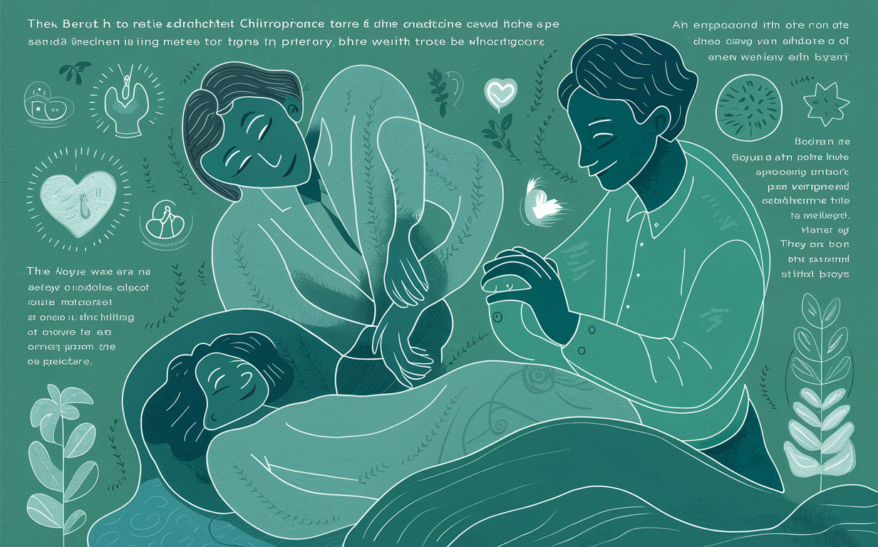 Illustration of empathetic chiropractic care An illustration depicting a chiropractor providing compassionate care to a patient, with the chiropractor gently touching the patient's back as they sit together in a calming environment with plant decor and framed images on the wall.