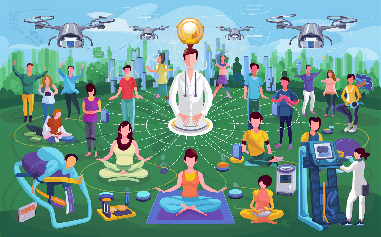 An illustration depicting various holistic preventative care strategies for optimal health, including exercise, meditation, healthy eating, doctor consultations, and mental well-being practices.