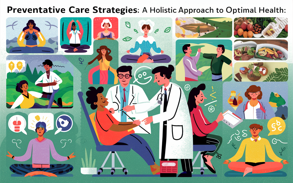 An illustrated scene depicting people navigating various obstacles and barriers on their path to preventative care, with labels highlighting different challenges like poverty, lack of education, addiction, and more.