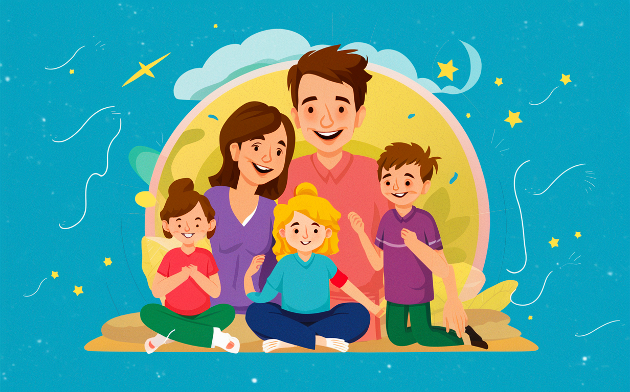 A happy family at a chiropractic wellness center An illustration of a smiling family of six, including parents, children, and a baby, visiting a chiropractic center for whole family wellness care across all ages