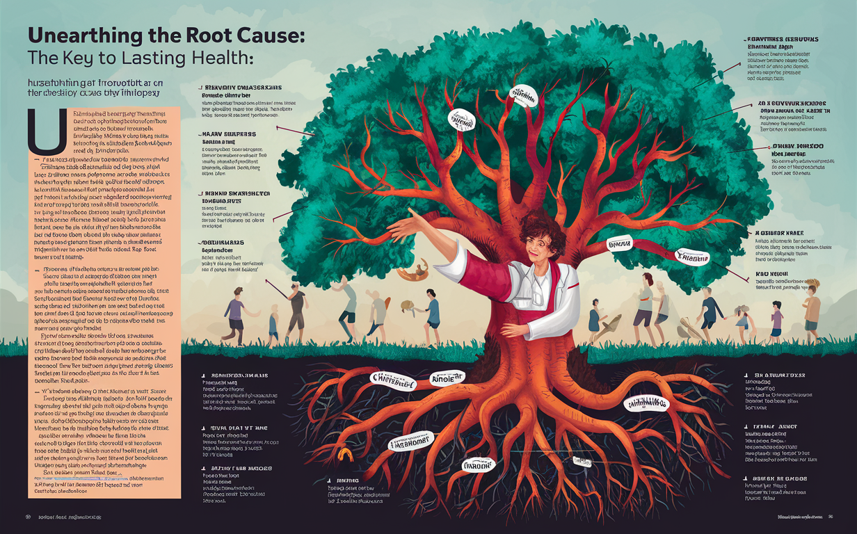 An illustration depicting a person embracing a tree with deep roots, symbolizing the connection between nurturing nature and achieving lasting health and wellbeing.