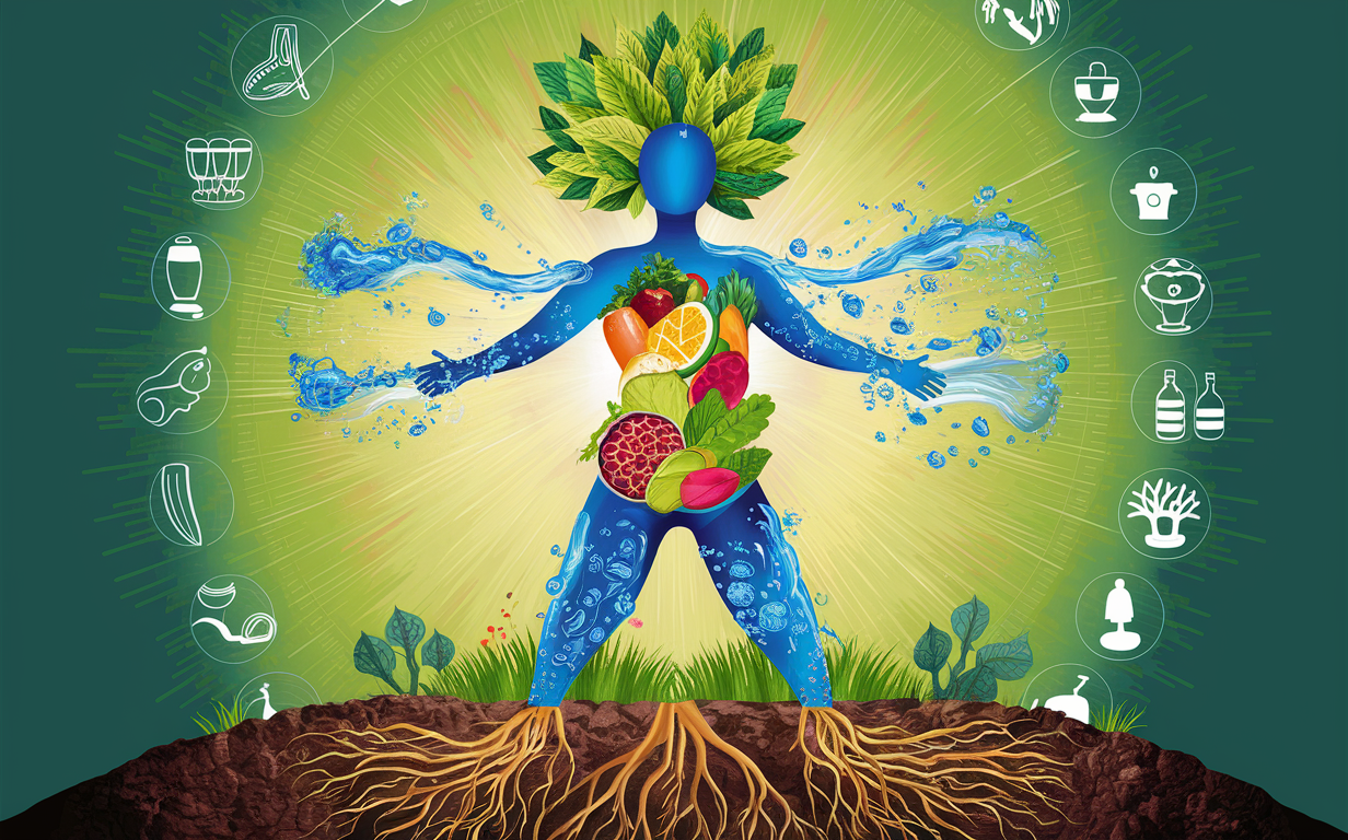 A woman in a yoga pose surrounded by an array of fresh fruits and vegetables, symbolizing a holistic approach to wellness through natural, plant-based nourishment.