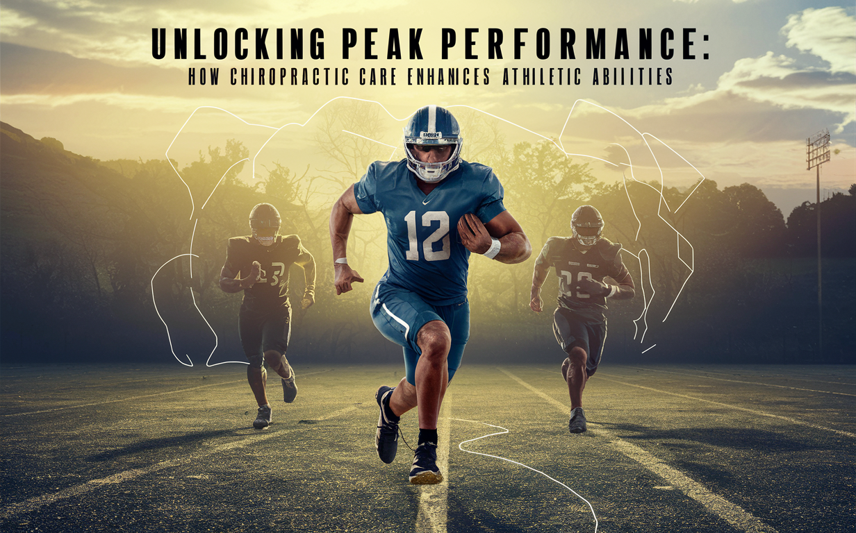 An American football player in full uniform running on a field with motion trails, highlighting how chiropractic care can enhance athletic abilities and unlocking peak performance.