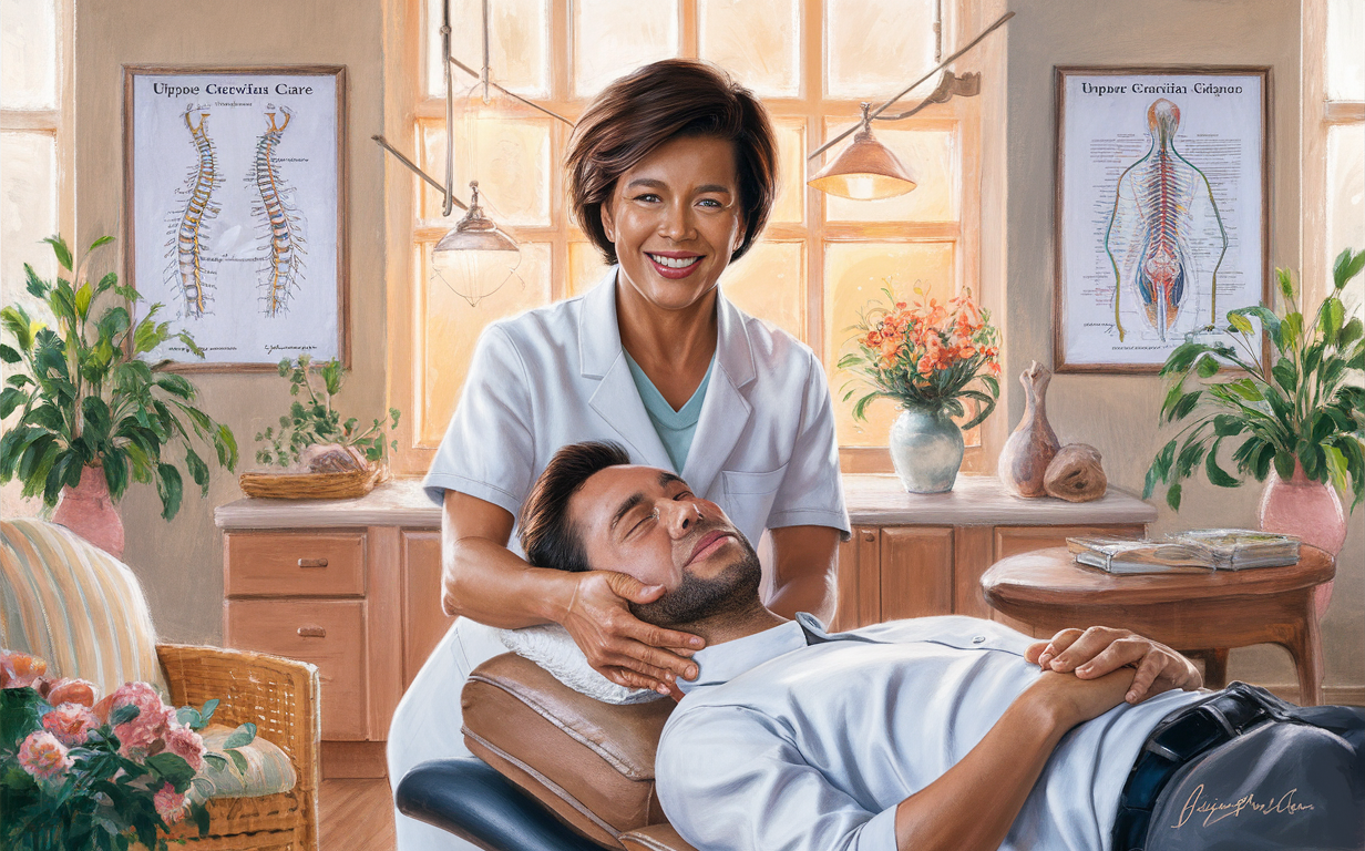 A chiropractor gently adjusts a patient's neck in a peaceful office setting with anatomical charts and plants, providing upper cervical care for pain relief.
