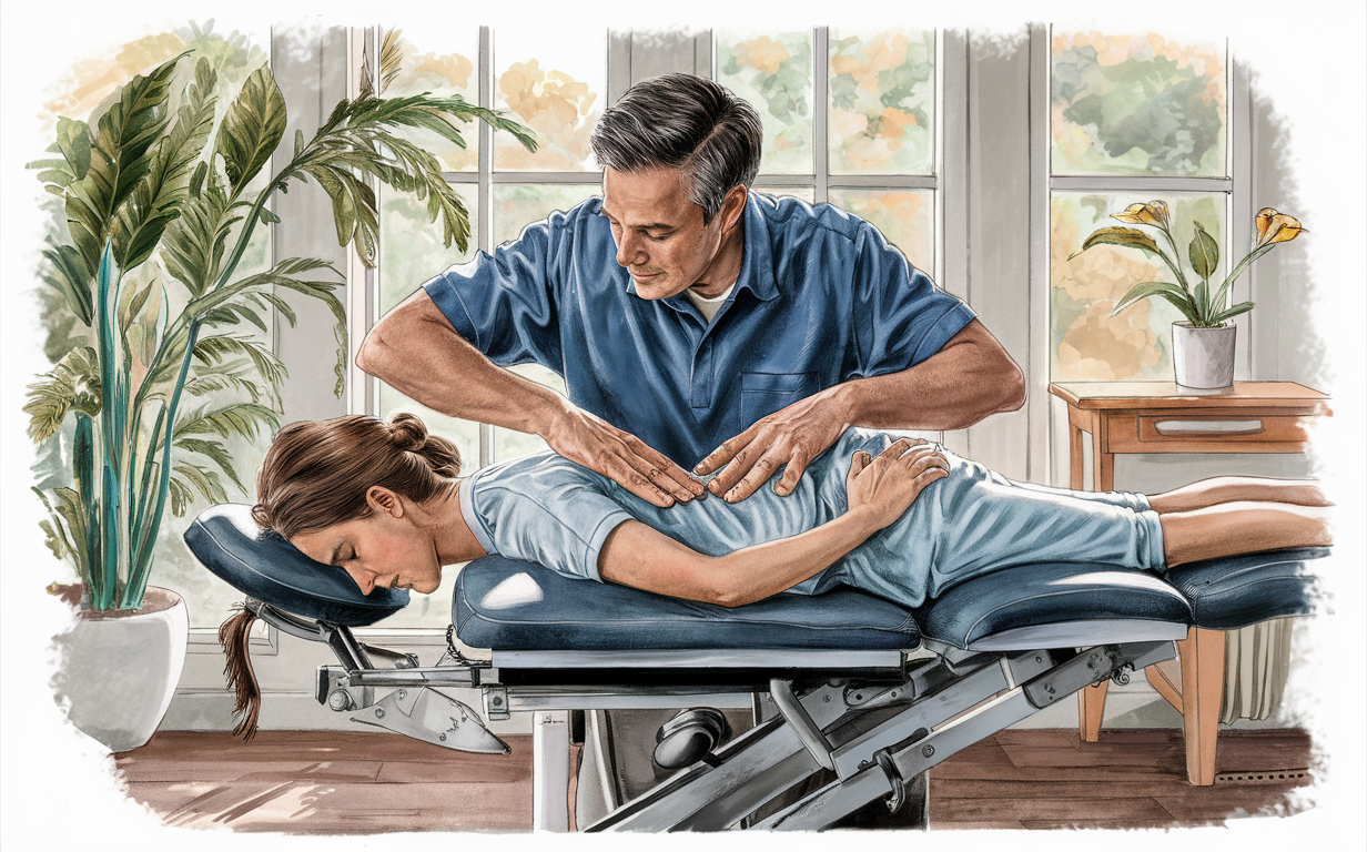 Chiropractic Care: A Gentle Touch for Relaxation A chiropractor providing a spinal adjustment to a patient on a treatment table in a relaxing room setting with plants and natural light.