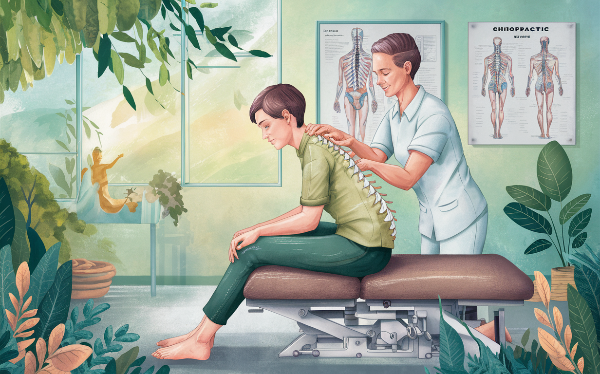 Chiropractic Care: A Natural Approach to Stress Reduction An illustration depicting a chiropractor providing spinal adjustment to a patient in a tranquil, nature-inspired setting with anatomical charts and equipment.