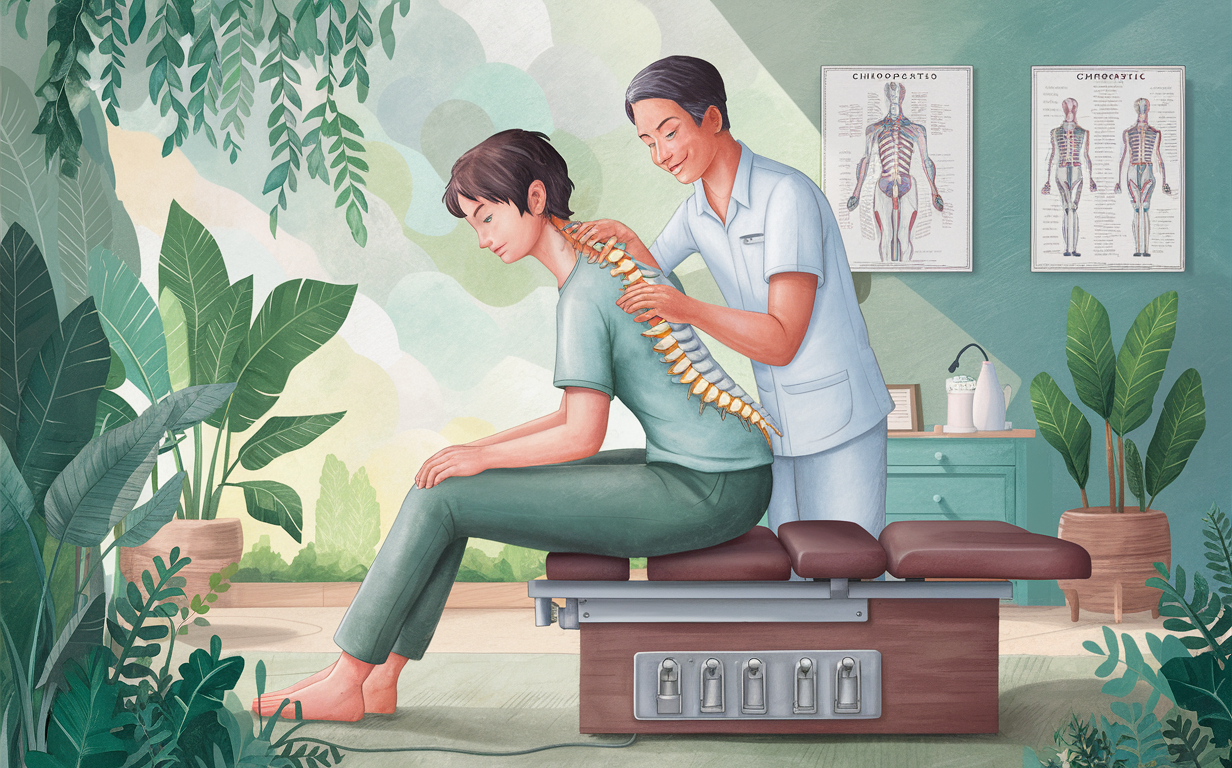 Chiropractic Care: A Natural Approach to Stress Reduction An illustration depicting a chiropractic adjustment session, with a person lying on a massage table while a practitioner in medical attire applies pressure to their back, surrounded by plants and natural elements.