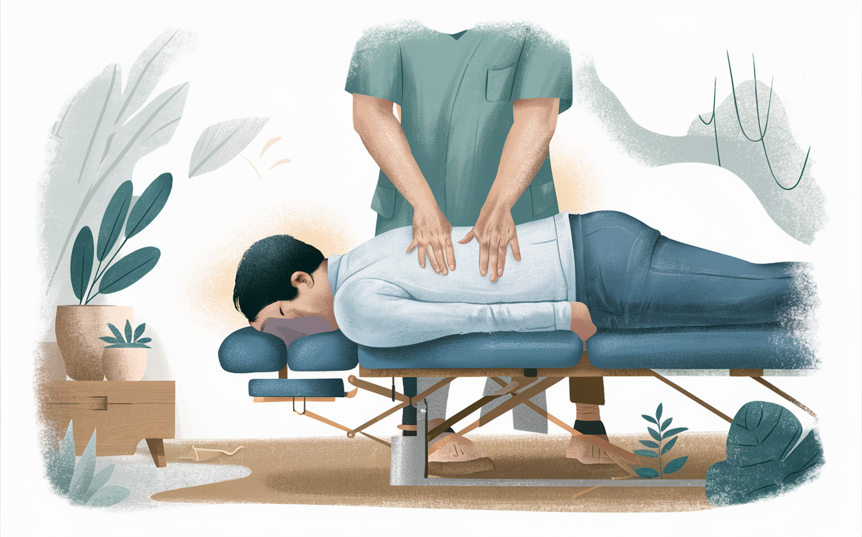 An illustration depicting a chiropractor performing a spinal adjustment on a patient lying on a massage table, surrounded by potted plants and natural decor elements.
