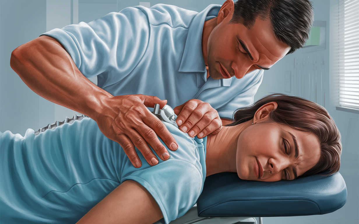 Chiropractic Adjustment for Pain Relief A chiropractor performing a spinal adjustment on a patient lying on a treatment table, aiming to provide pain relief through chiropractic techniques.