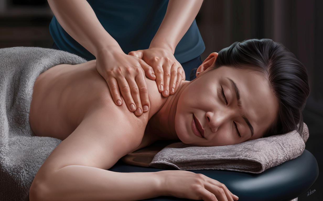 Massage Therapy Session for Pain Relief A woman receiving a professional massage therapy session to help alleviate chronic pain and fibromyalgia symptoms