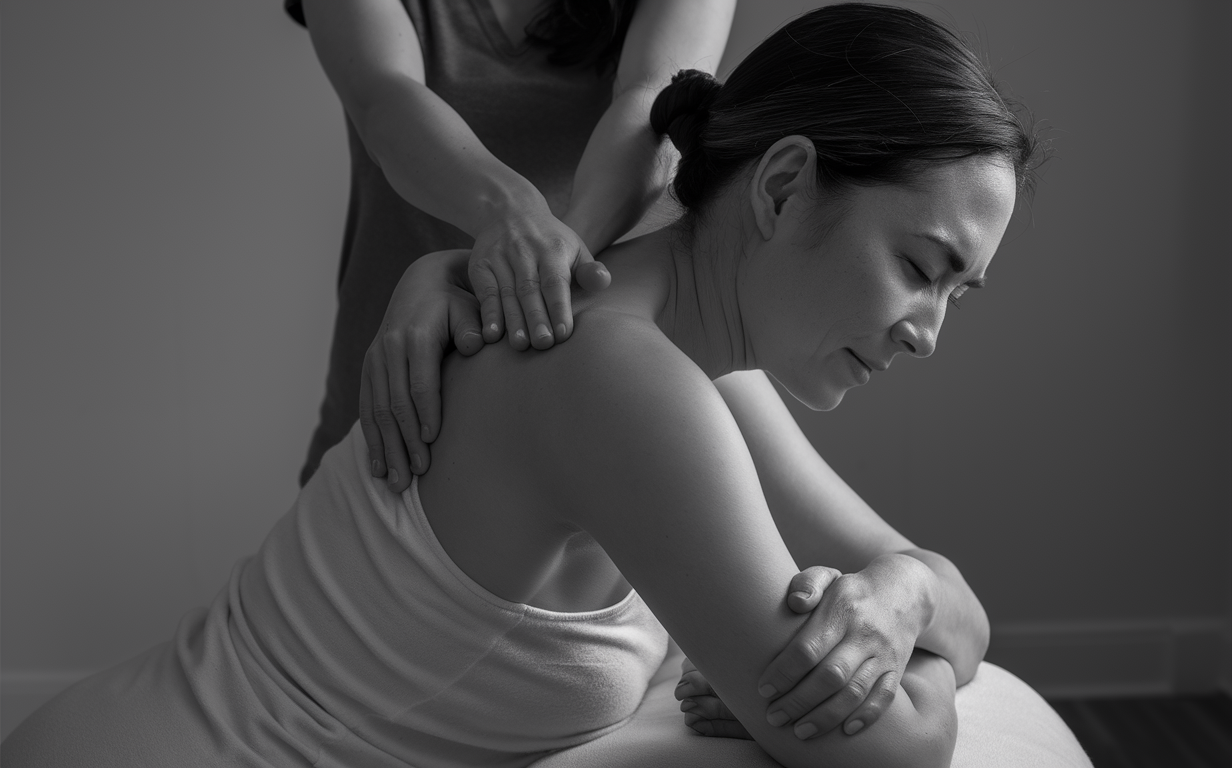 A massage therapist providing therapeutic massage to a woman suffering from chronic pain or fibromyalgia