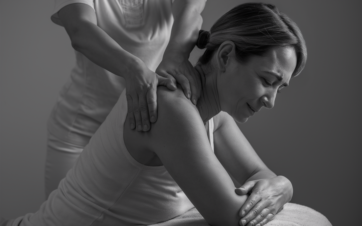 Compassionate Massage Therapy for Pain Relief A woman receiving a gentle massage from a massage therapist, providing relief for chronic pain or fibromyalgia in a tranquil setting with soothing decor.
