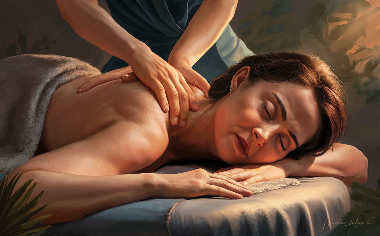 Woman Receiving Therapeutic Massage for Pain Relief A woman lies face down on a massage table, her eyes closed in relaxation, as a massage therapist's hands gently work on her back to provide relief from chronic pain or fibromyalgia symptoms through therapeutic massage techniques.