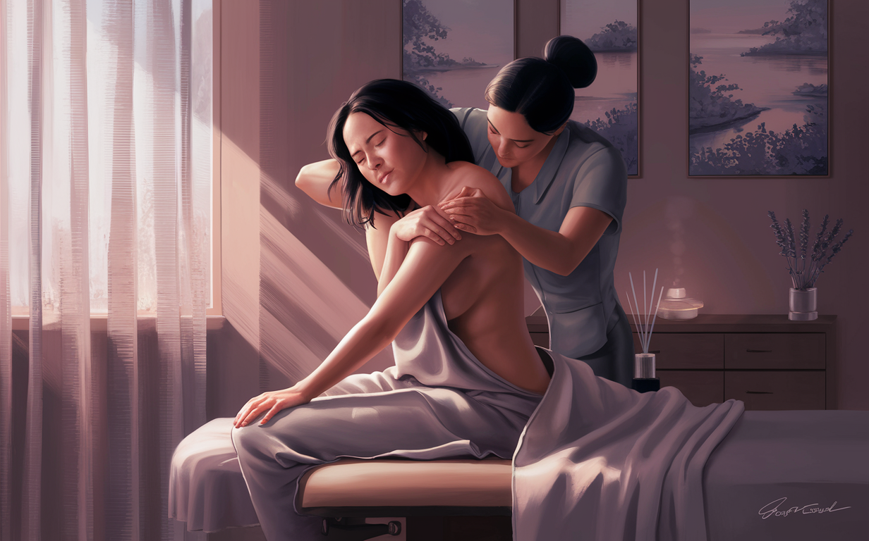 Woman Receiving Massage Therapy for Chronic Pain Relief An illustration depicting a woman lying down with her eyes closed, receiving a soothing massage to help alleviate chronic pain and fibromyalgia symptoms