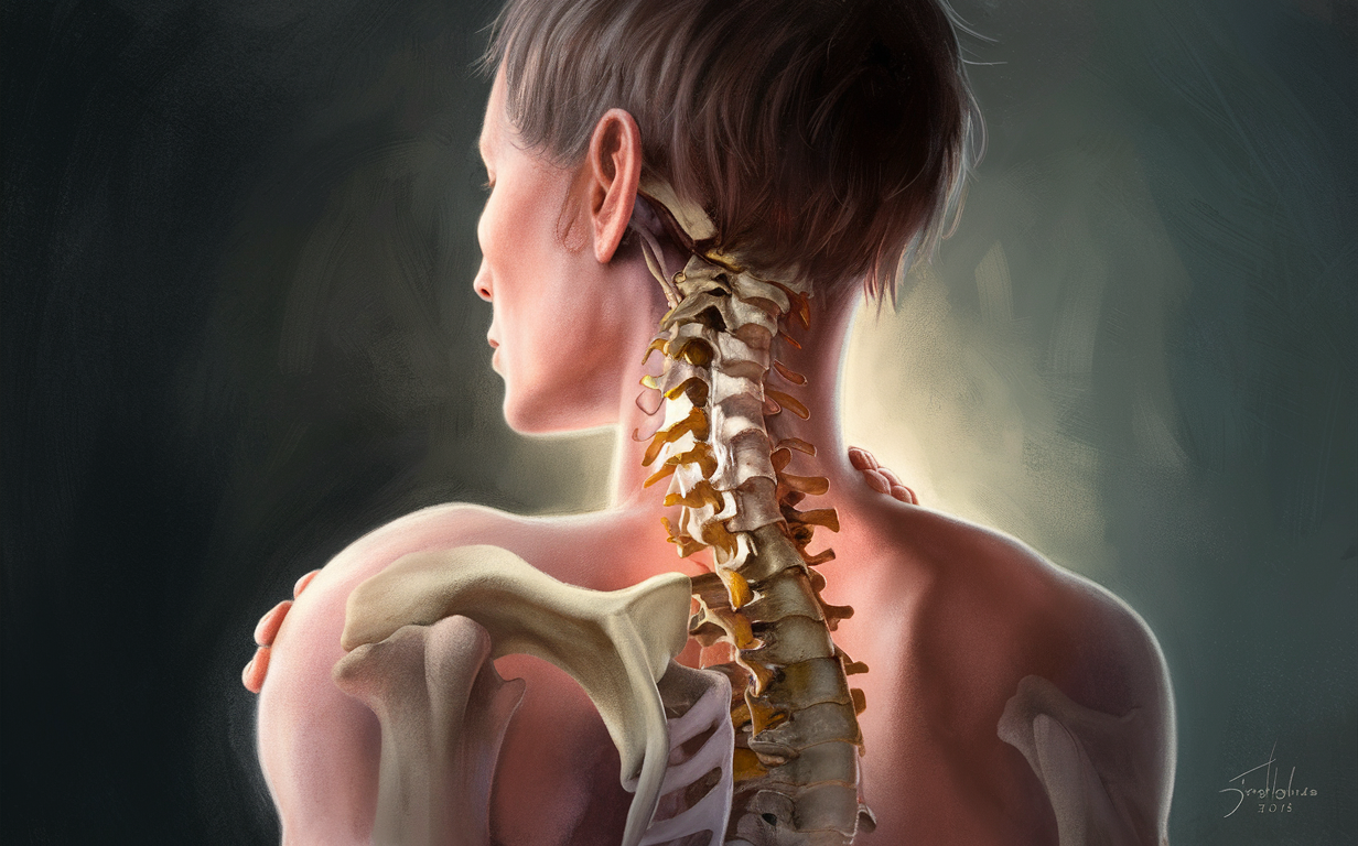 Illustration of Upper Cervical Spine Misalignment An illustration showing a side view of the upper cervical spine, with the vertebrae highlighted in orange, indicating potential misalignment that can affect posture and body mechanics.