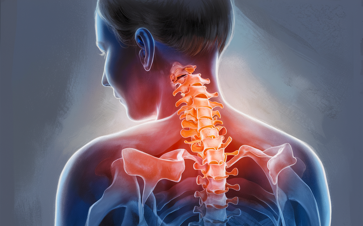 Illustration of Spinal Misalignment and Posture An anatomical illustration showing the side profile of a person's upper body, with the spine and vertebrae exposed, highlighting a misalignment or curvature in the cervical (neck) region of the spine, which can impact posture and body mechanics.