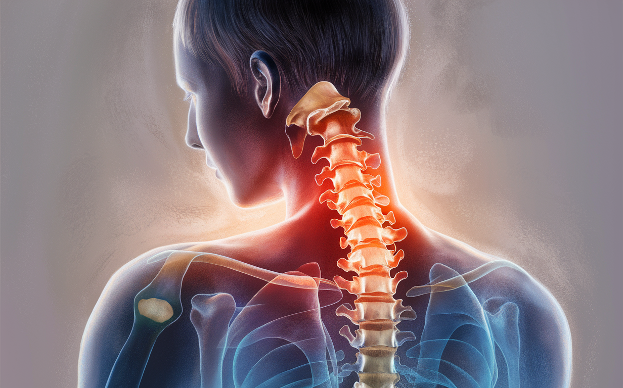 Illustration of Upper Cervical Spine Misalignment and its Effects on Posture An illustration showing the cervical spine (neck) region highlighted in red and orange colors, indicating potential misalignment or issues. Arrows depict the impact on posture and body mechanics that can result from such misalignments in the upper cervical spine.