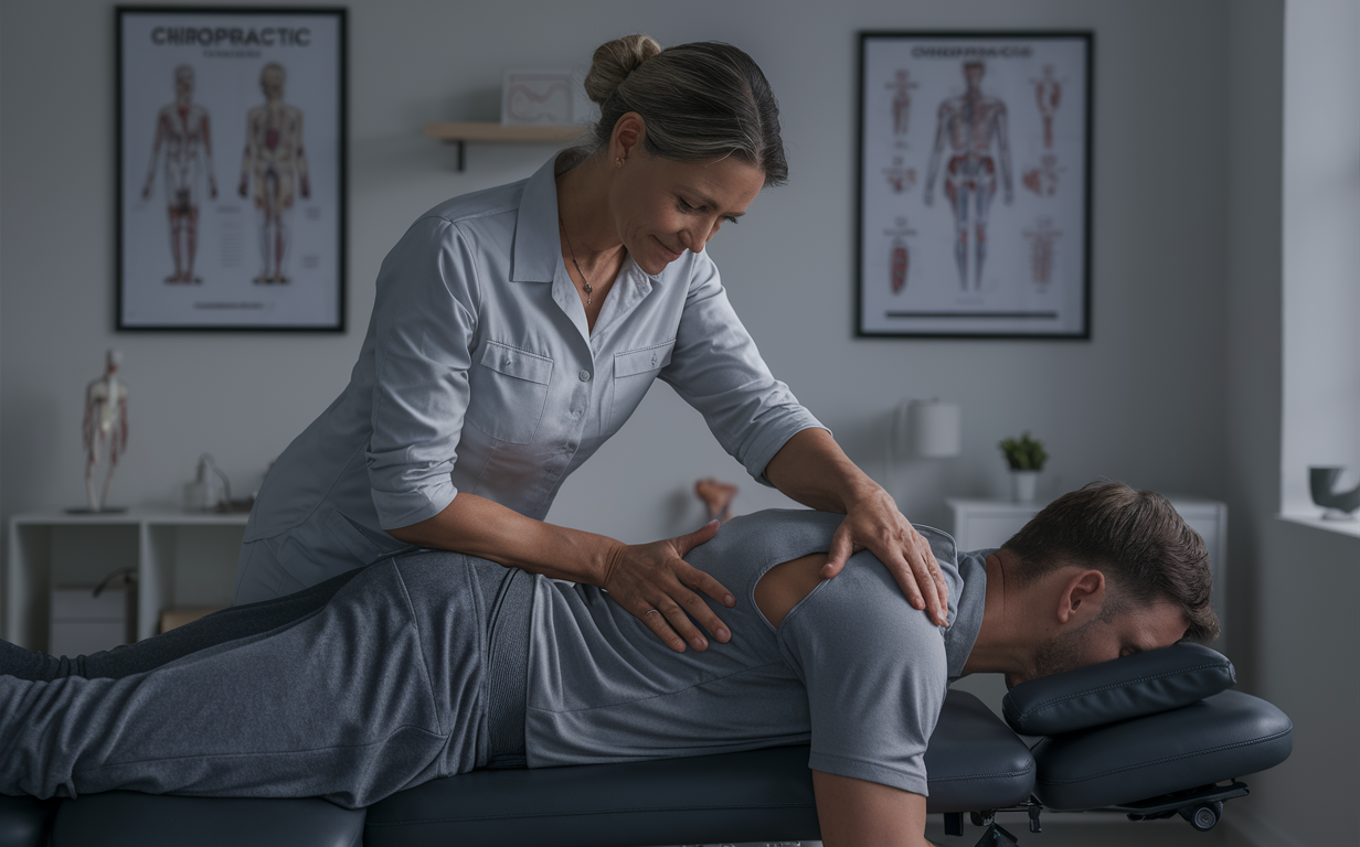 Chiropractic Treatment for Improved Mobility and Function A chiropractor providing treatment to a patient, helping to enhance mobility and function through spinal adjustment.