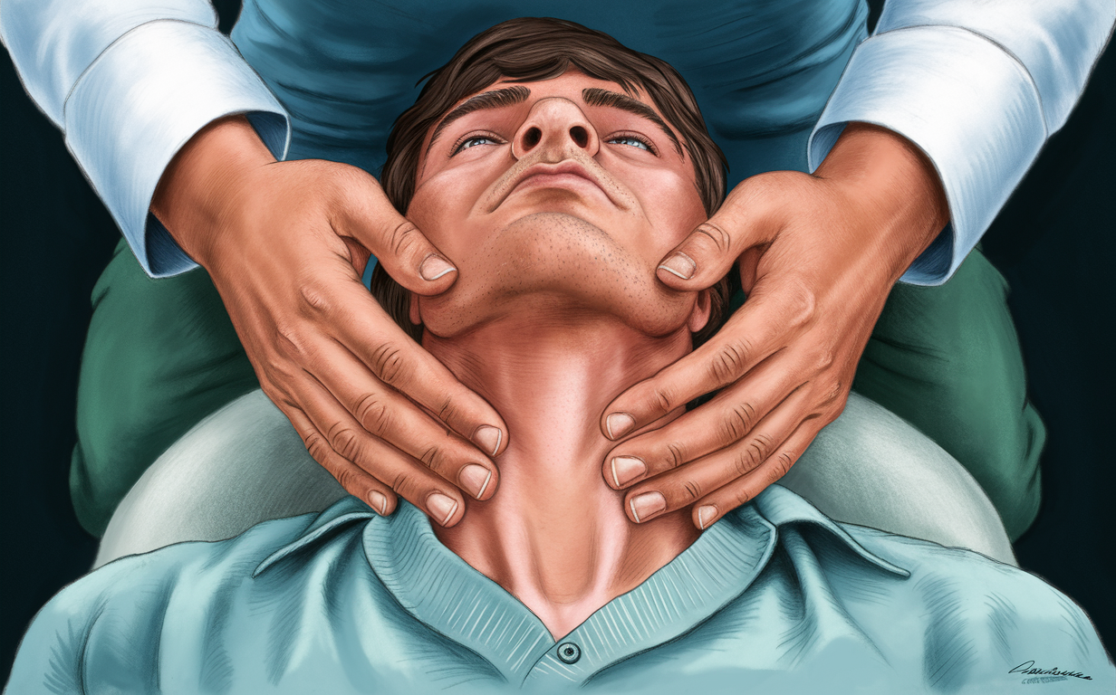 An illustration showing a person lying down with hands grasping their neck, suggesting a medical examination or procedure related to the throat or neck area.