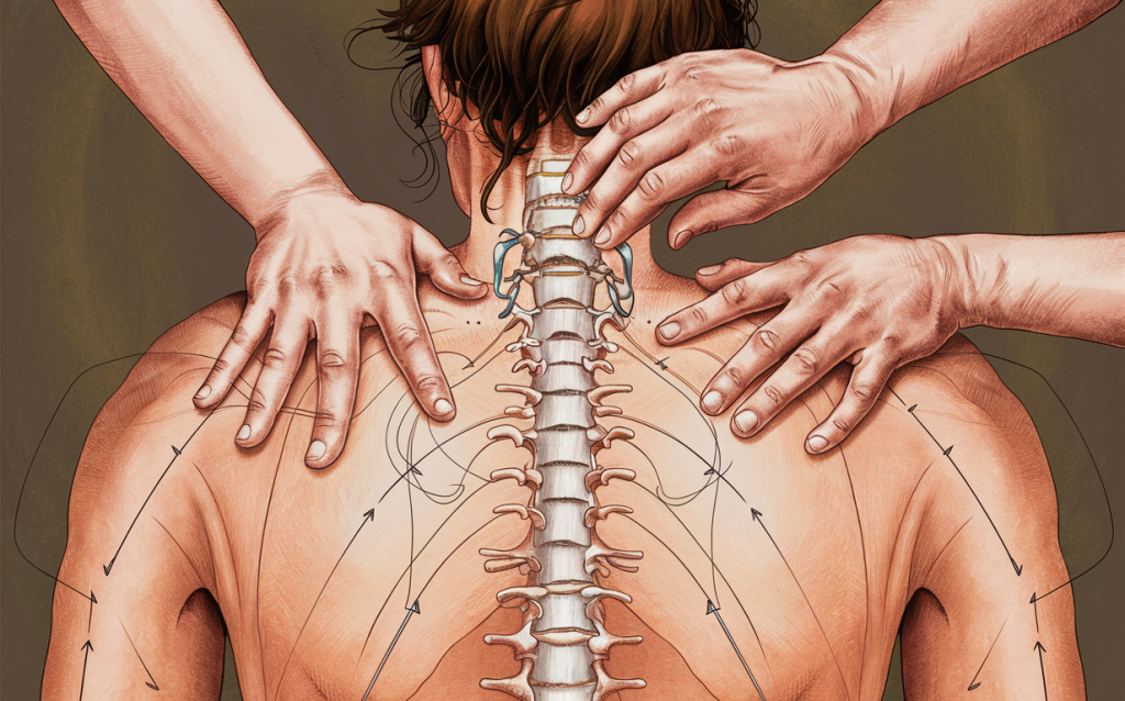 An illustration depicting multiple hands performing a chiropractic adjustment on a person's spine, with arrows indicating the alignment and mobilization of the vertebrae