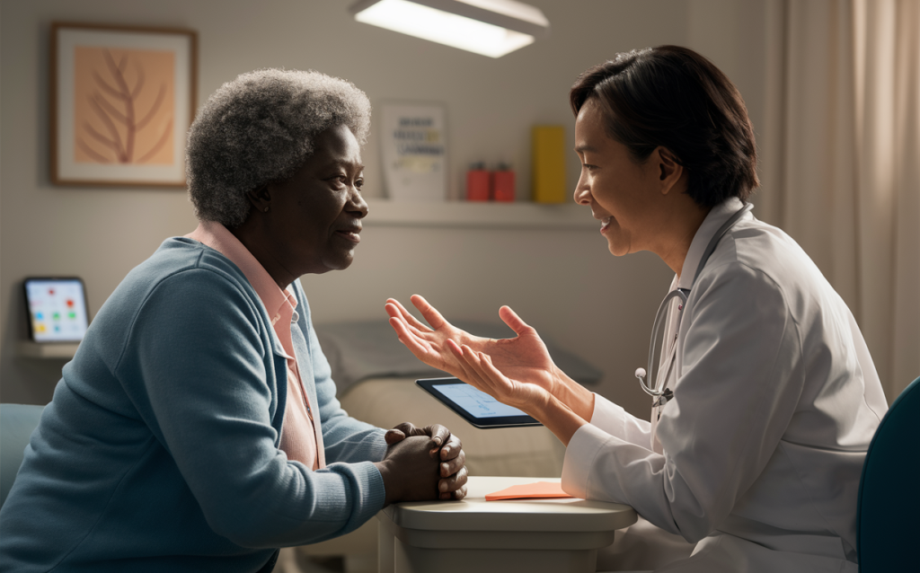 A doctor discussing and explaining something to an older patient, promoting patient education and empowerment through open communication and active listening.