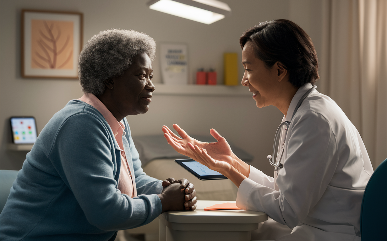 Doctor Educating and Empowering Patient A doctor having an engaging discussion with an elderly patient, likely explaining medical information or treatment options in a caring and empowering manner to help the patient better understand and take an active role in their healthcare.