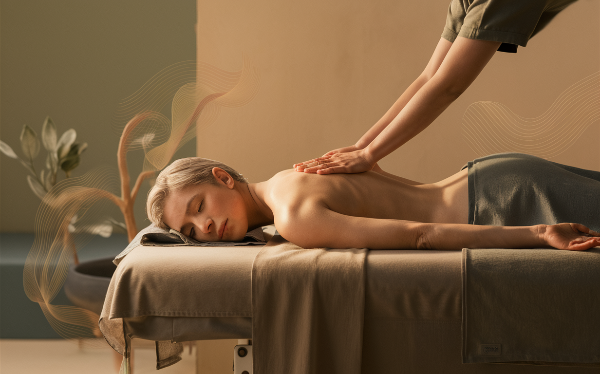 Massage Therapy for Relaxation and Stress Relief A person receiving a massage on a massage table in a tranquil setting with plants, illustrating the power of massage therapy for stress reduction and relaxation.